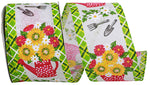 Load image into Gallery viewer, A full roll of 2.5 inch Gardening Posie Wired Plaid Edge Ribbon showing bright spring illustrations of flowers in polka-dot rain boots, trowels, and hand forks bordered by a green plaid design.

