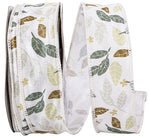 Load image into Gallery viewer, A full roll of 1.5 inch Leaf Natural Texture Wired Edge Ribbon showing an autumn design of multi-toned green and brown leaves printed on a plush cream velvety surface.
