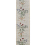 Load image into Gallery viewer, Close-up front view of the Dainty Floral Bouquet ribbon highlighting the delicate printed berry clusters, blue blossoms, green stems, and stitch-finished edge.
