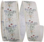 Load image into Gallery viewer, A full spool of 1.5 inch Dainty Floral Bouquet Linen Ribbon showcasing illustrated multi-colored wildflower bundles on a textured natural linen base.
