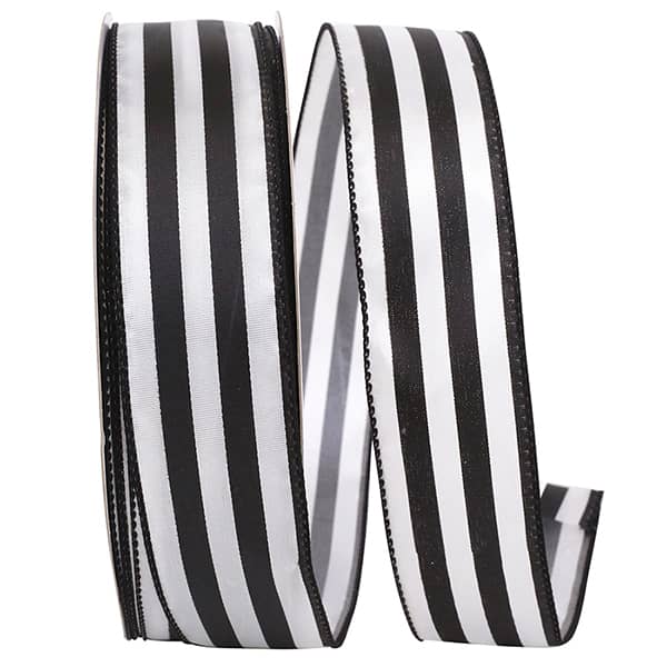 Continuous Stripe - Black & White - Wired Edge Ribbon -- Various Yard Sizes