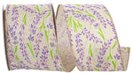 Load image into Gallery viewer, 2.5 inch Lavender Buds Natural Linen Wired Edge Ribbon roll showing purple botanical pattern close up

