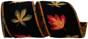 5 yards --- 4 inch -- Deluxe Leaves Embroidered Velvet with Plaid Back Wired Edge Ribbon