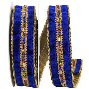 5 yards --- 1 ½ inch -- (Royal / Gold Color) --- Jewel Stones Trim Velvet Luxe Wired Edge -- Christmas Ribbon