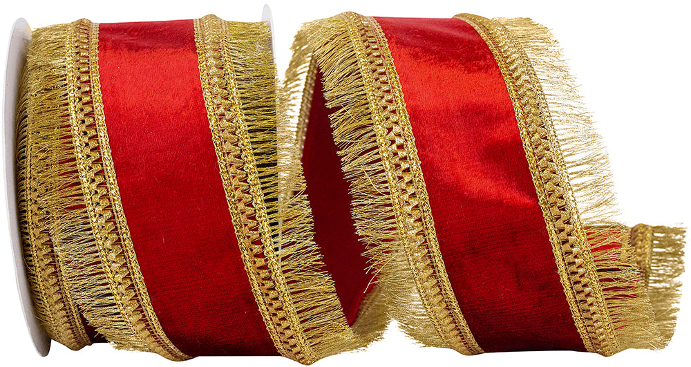 5 yards --- 2 ½ inch -- Red / Gold Color --- Velvet Plush Regal Fringe Wired Edge - Christmas Ribbon