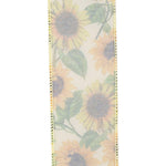 Load image into Gallery viewer, The reverse side of the 100% polyester sunflower ribbon, showing a softer, translucent silhouette of the botanical design through the cream woven fabric.

