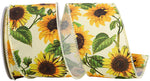 Load image into Gallery viewer, A full roll of 2.5 inch Sunflowers Spray Wired Edge Ribbon in cream, showing an all-over print of large golden sunflowers and green foliage with light stitched borders.
