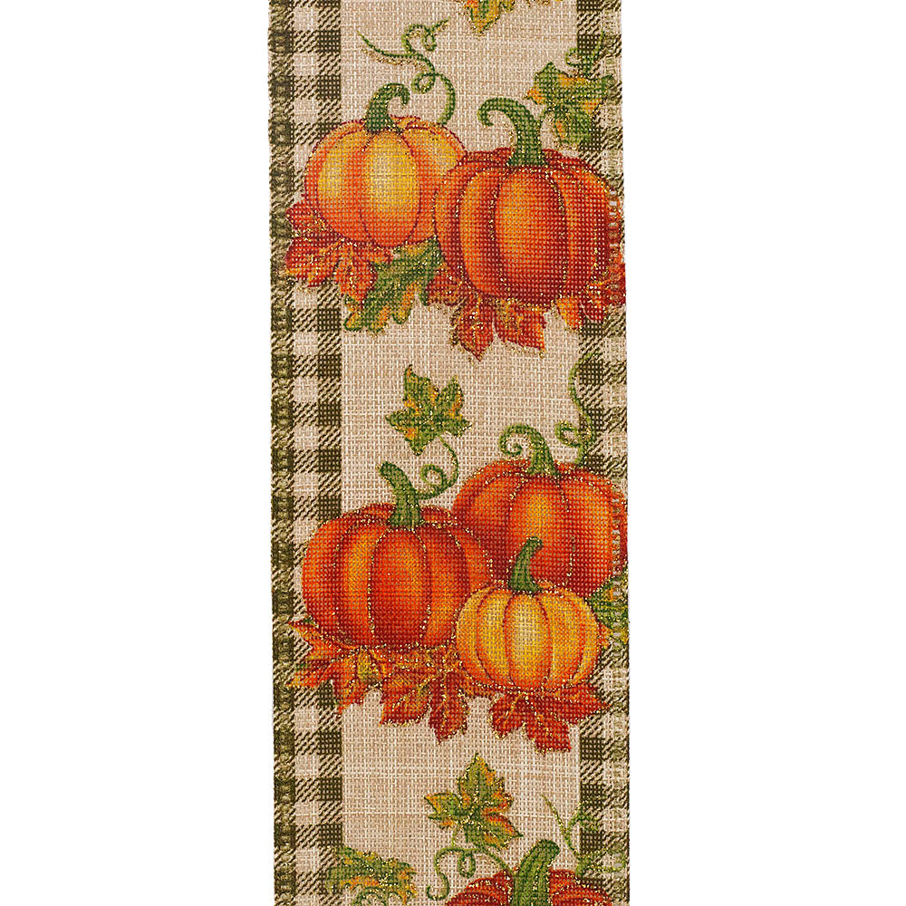 10 yards --- 2 ½ inch --  Pumpkin Patch Glitter Gingham Wired Edge Ribbon, Moss & Burgundy Colors