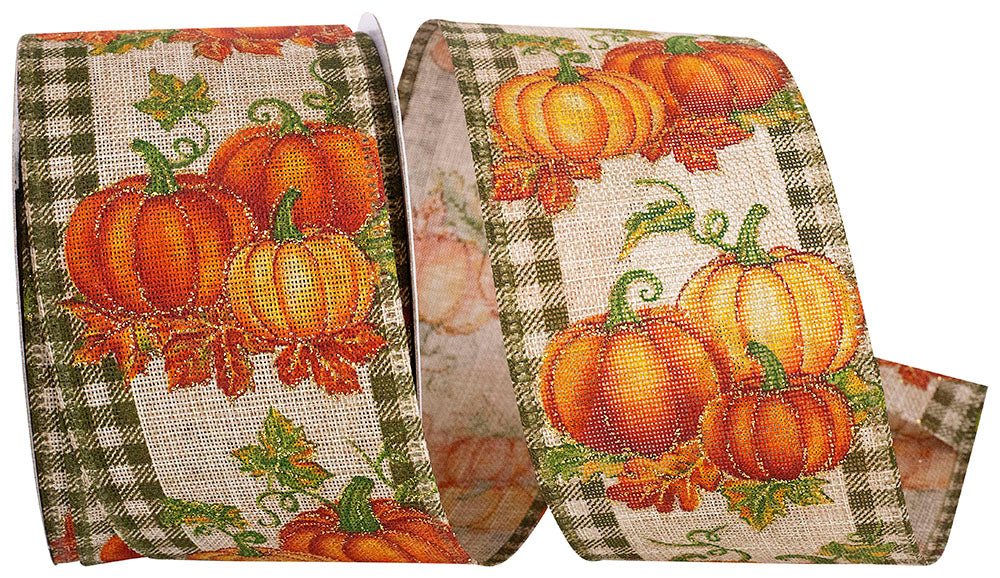 10 yards --- 2 ½ inch --  Pumpkin Patch Glitter Gingham Wired Edge Ribbon, Moss & Burgundy Colors