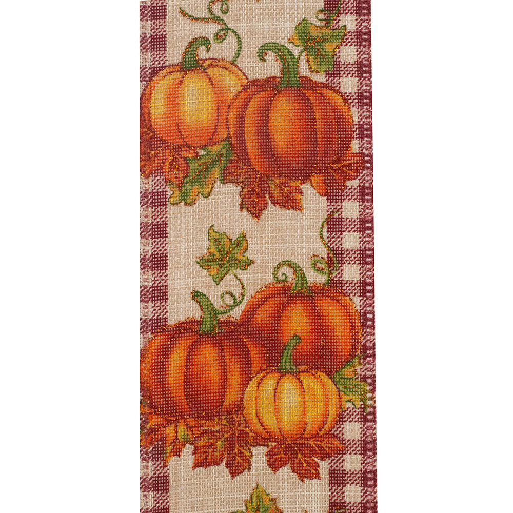 10 yards --- 2 ½ inch --  Pumpkin Patch Glitter Gingham Wired Edge Ribbon, Moss & Burgundy Colors