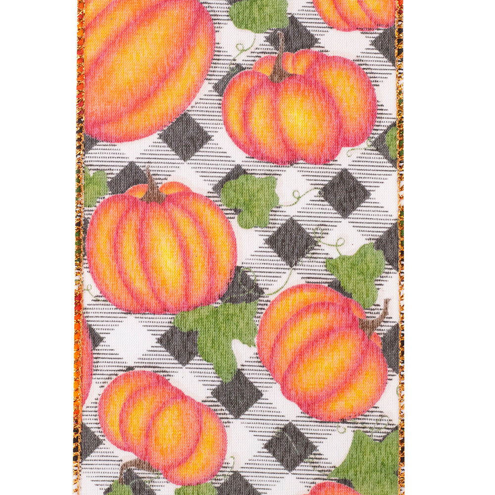 Pumpkins Gingham Glitter Wired Edge Ribbon -- Various Yard Sizes