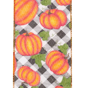 Pumpkins Gingham Glitter Wired Edge Ribbon -- Various Yard Sizes