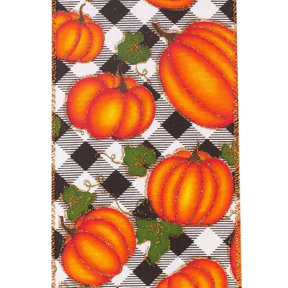 Pumpkins Gingham Glitter Wired Edge Ribbon -- Various Yard Sizes