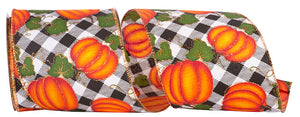 Pumpkins Gingham Glitter Wired Edge Ribbon -- Various Yard Sizes