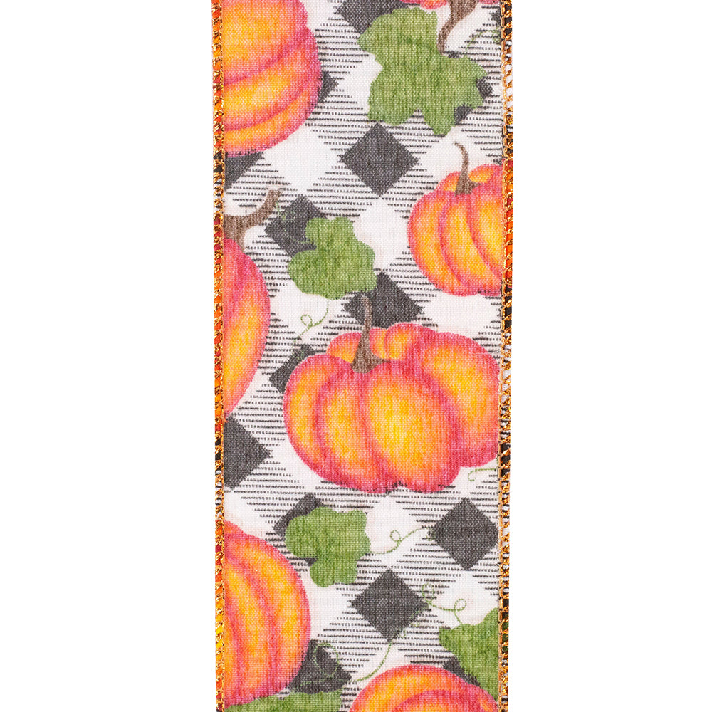 Pumpkins Gingham Glitter Wired Edge Ribbon -- Various Yard Sizes