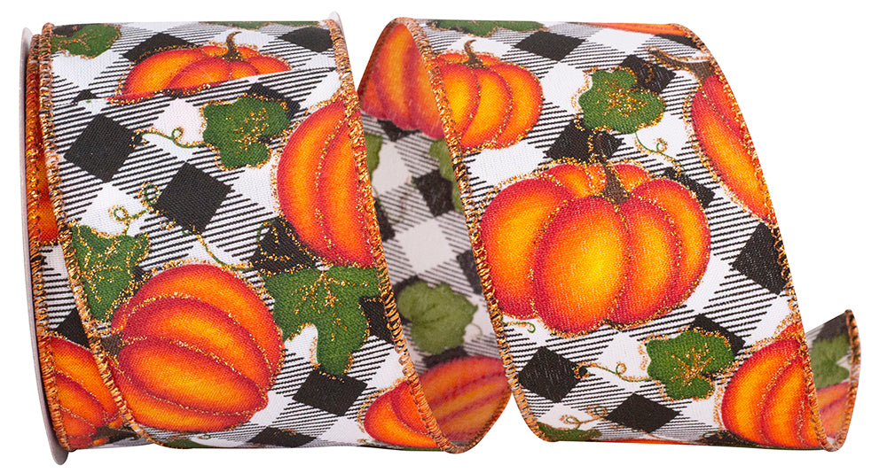 Pumpkins Gingham Glitter Wired Edge Ribbon -- Various Yard Sizes