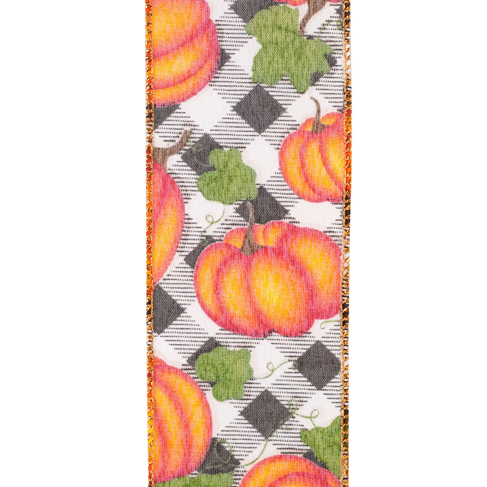 Pumpkins Gingham Glitter Wired Edge Ribbon -- Various Yard Sizes