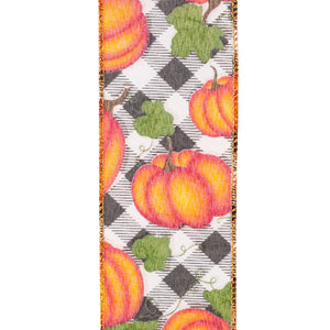 Pumpkins Gingham Glitter Wired Edge Ribbon -- Various Yard Sizes