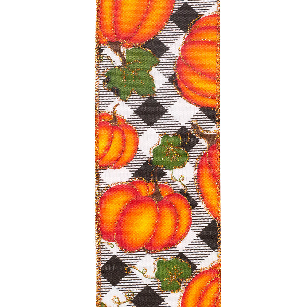 Pumpkins Gingham Glitter Wired Edge Ribbon -- Various Yard Sizes