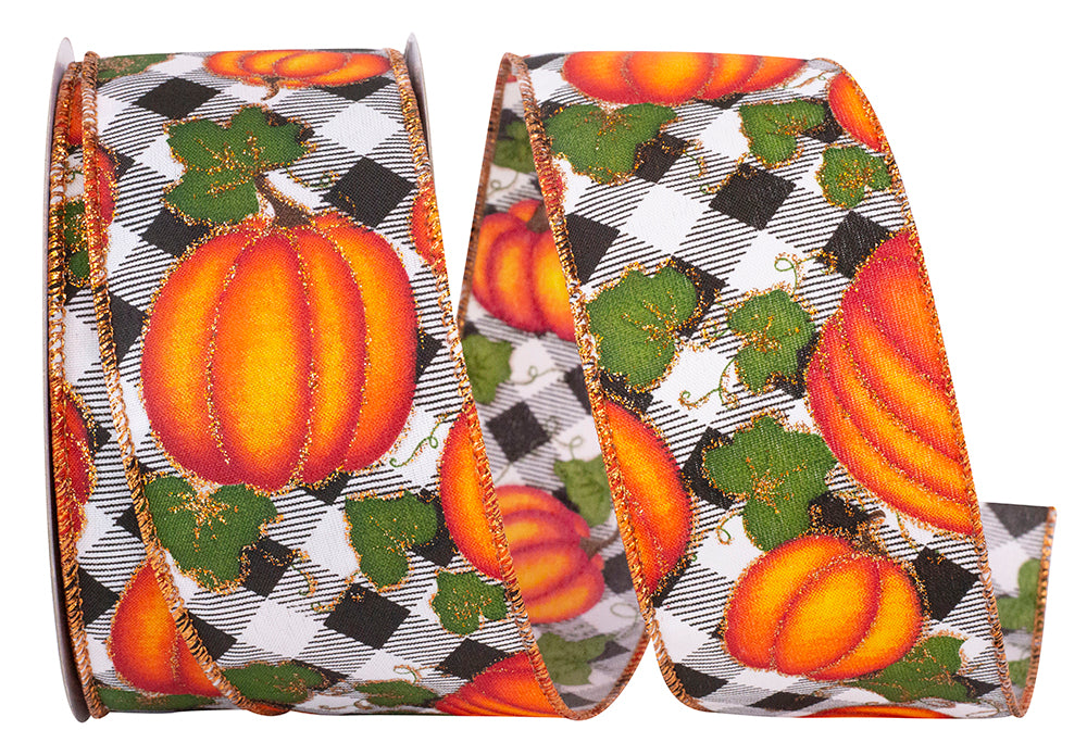 Pumpkins Gingham Glitter Wired Edge Ribbon -- Various Yard Sizes