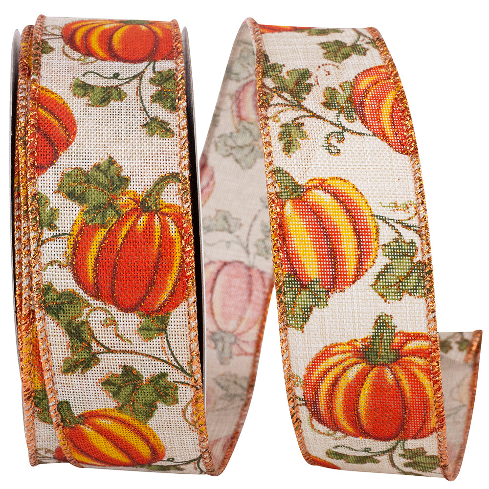 Pumpkin Vine Glitter Linen Wired Edge Ribbon -- Various Yard Sizes