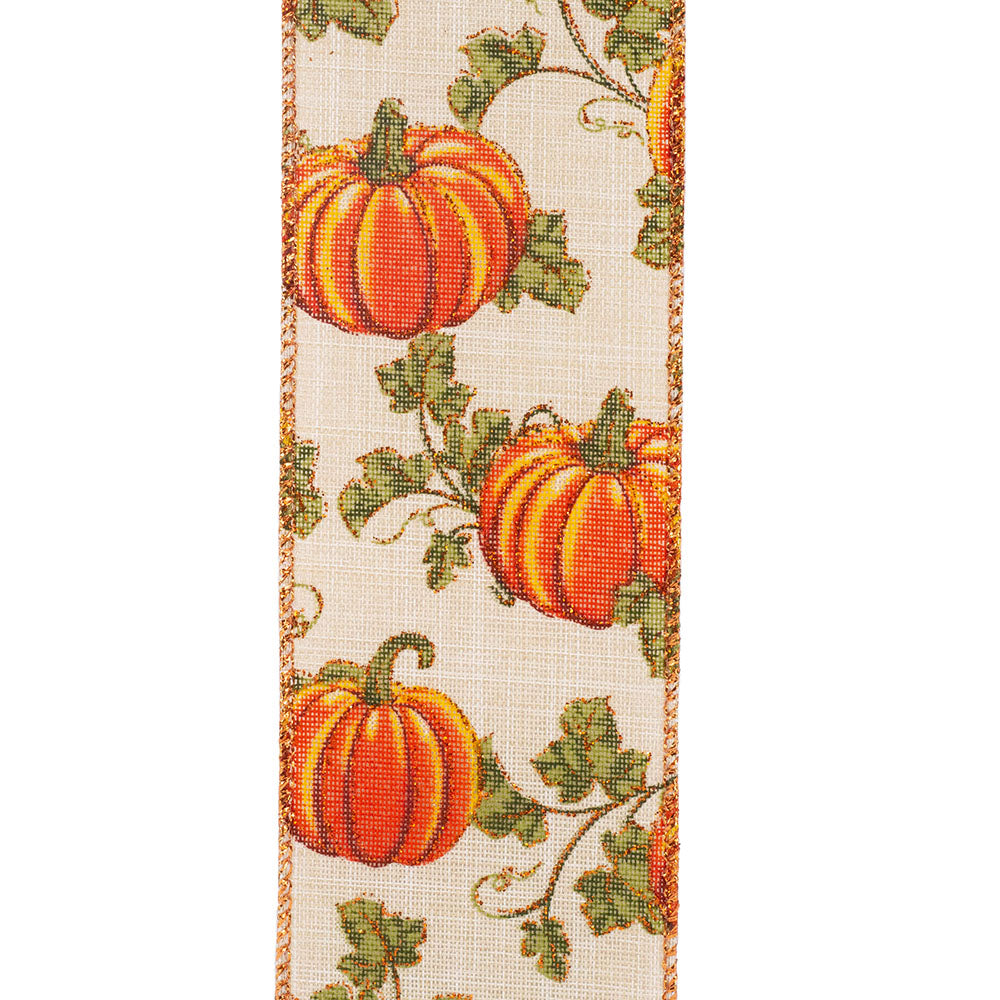 Pumpkin Vine Glitter Linen Wired Edge Ribbon -- Various Yard Sizes