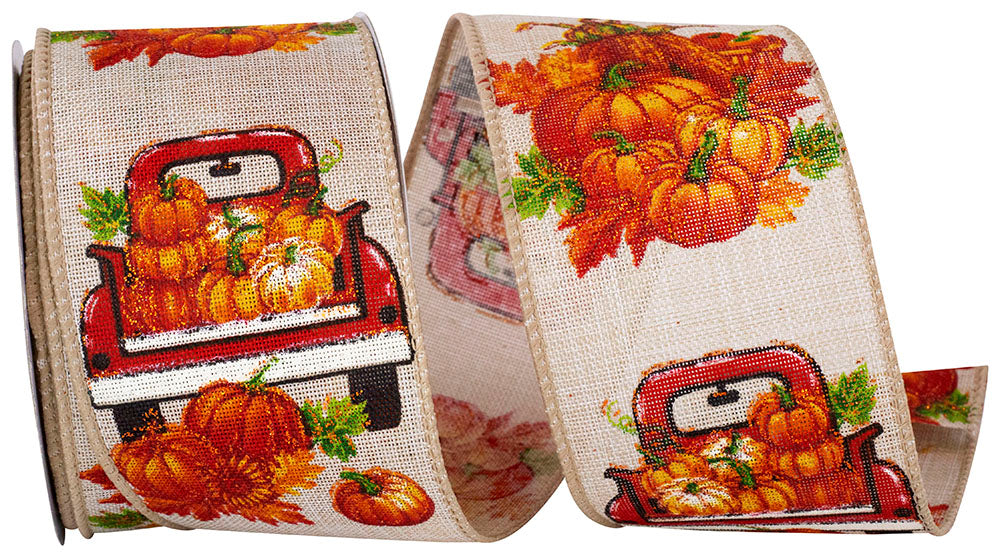 10 yards --- 2 ½ inch -- Pickup Truck Pumpkins Linen Wired Edge Ribbon