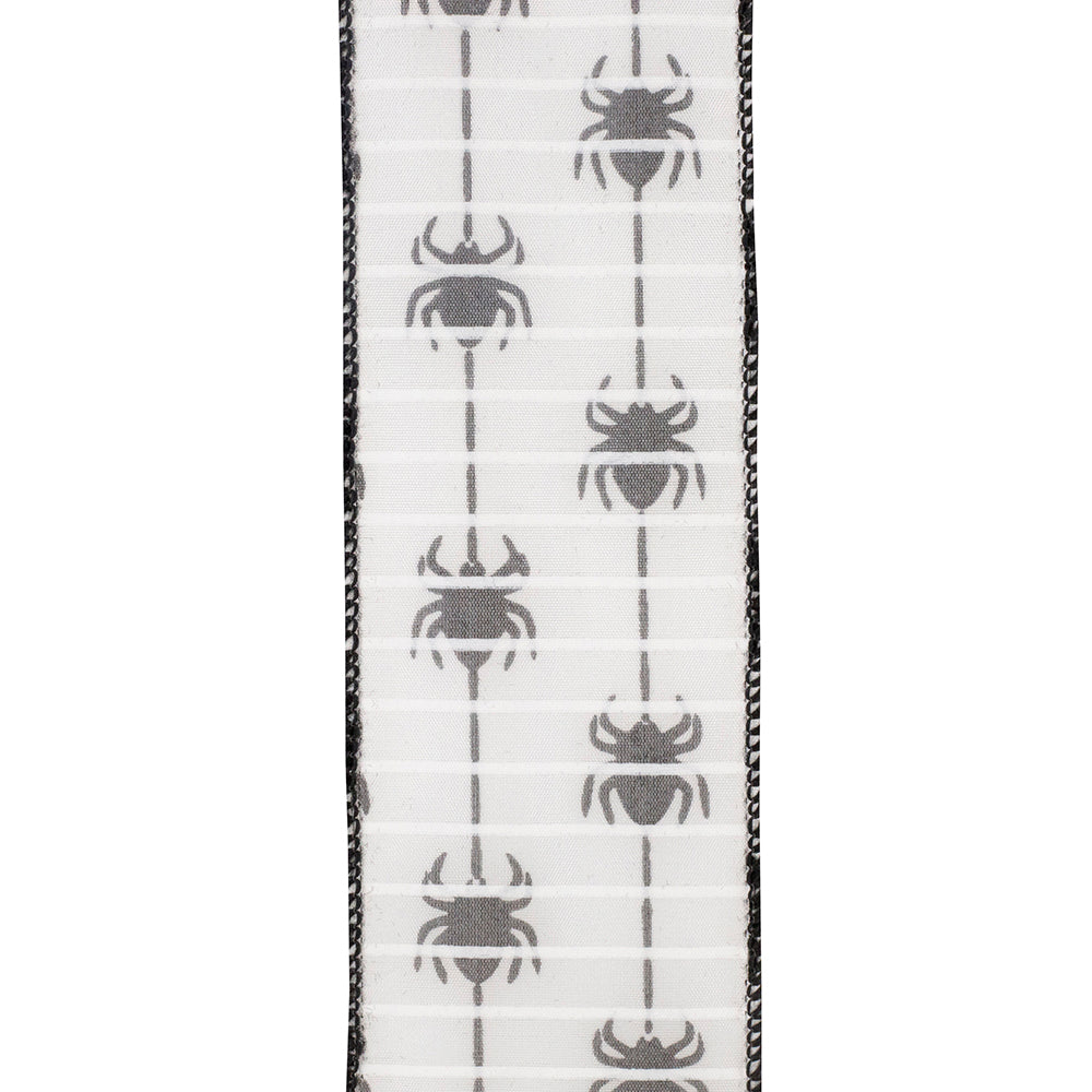 10 yards --- 2 ½ inch -- Spider Crawlers Flocked Wired Edge Ribbon, White / Black