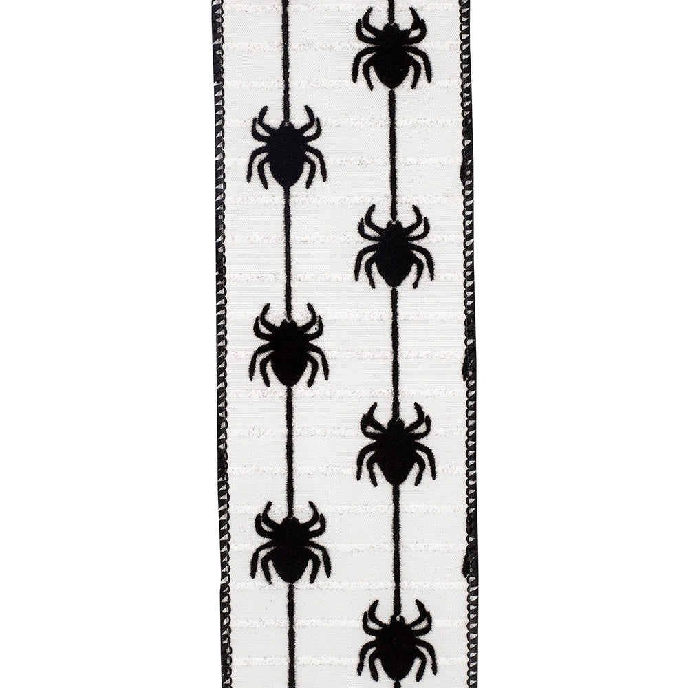 10 yards --- 2 ½ inch -- Spider Crawlers Flocked Wired Edge Ribbon, White / Black