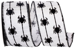 10 yards --- 2 ½ inch -- Spider Crawlers Flocked Wired Edge Ribbon, White / Black