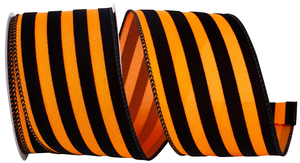 10 yards --- 2 ½ inch -- Halloween Stripes Flocked Wired Edge Ribbon