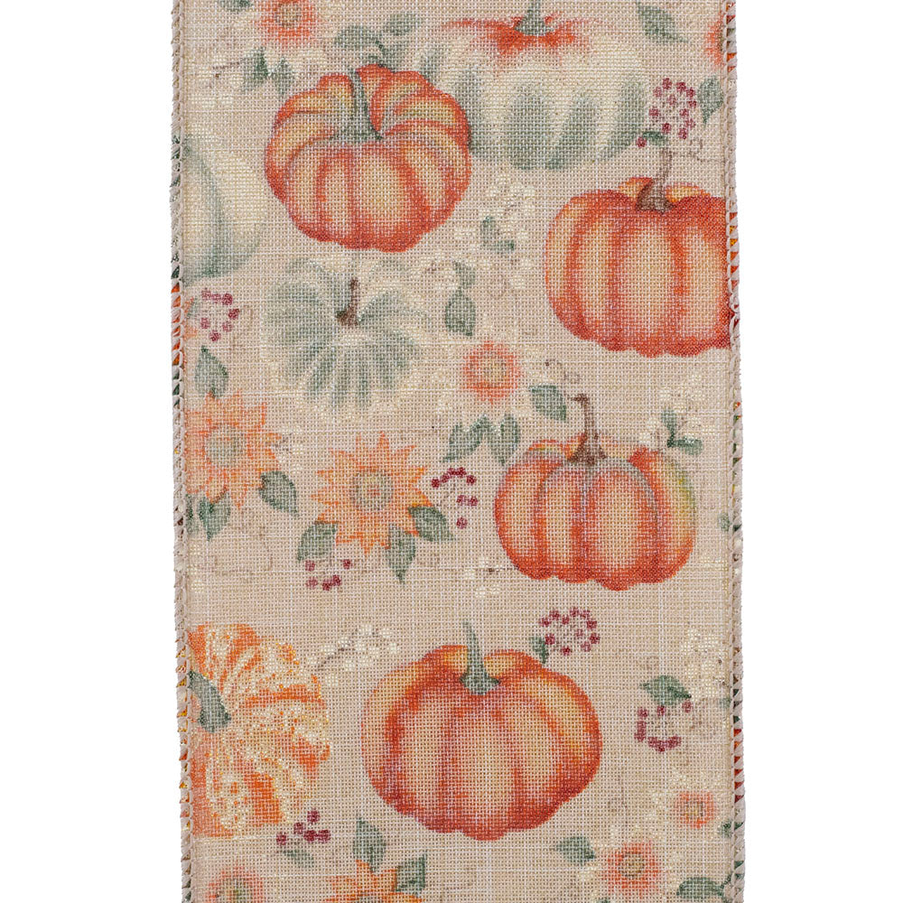 Harvest Pumpkins & Flowers Line Wired Edge Ribbon -- Various Sizes