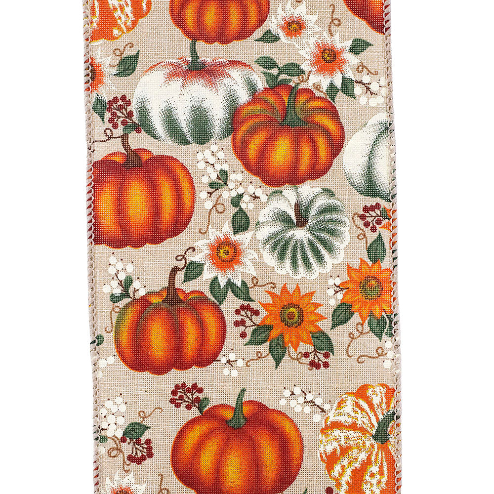 Harvest Pumpkins & Flowers Line Wired Edge Ribbon -- Various Sizes