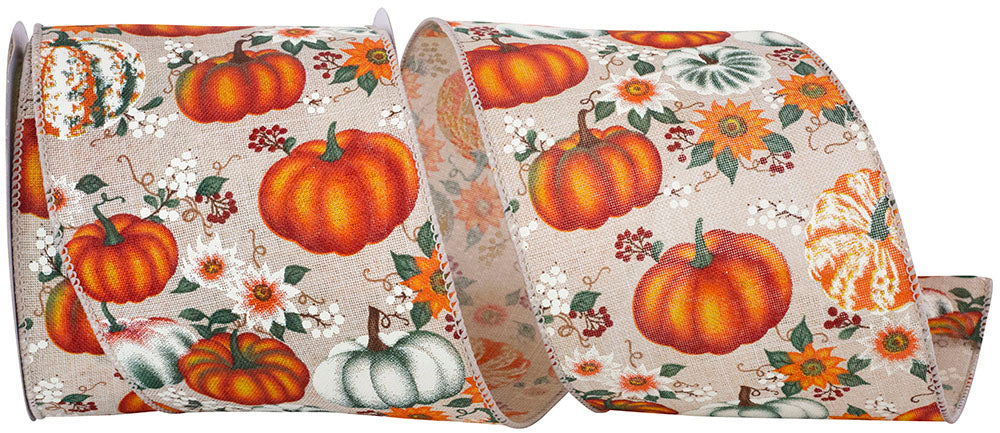 Harvest Pumpkins & Flowers Line Wired Edge Ribbon -- Various Sizes