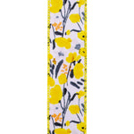 Load image into Gallery viewer, Close-up front view of Wild Flower Amarillo ribbon featuring vibrant yellow blossoms, gray stems, and a vivid yellow wire-reinforced edge.
