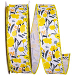 Load image into Gallery viewer, A full roll of 1.5 inch Wild Flower Amarillo Wired Edge Ribbon showing bright yellow watercolor-style floral pattern on white fabric with stitched yellow borders
