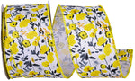 Load image into Gallery viewer, A full roll of 2.5 inch Wild Flower Amarillo Wired Edge Ribbon showing bright yellow watercolor-style floral pattern on white fabric with stitched yellow borders.
