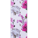 Load image into Gallery viewer, Close-up front view of the Cabbage Rose Reality ribbon highlighting detailed fuchsia flower petals, green buds, shaded white blossoms, and the wire-reinforced stitched border.
