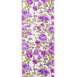 Load image into Gallery viewer, Close-up front view of the Rose Patch Calico ribbon highlighting the intricate lilac rose motifs, violet blossoms, detailed green leaves, and the wire-reinforced edge.
