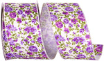 Load image into Gallery viewer, A full roll of 2.5 inch Rose Patch Calico Wired Edge Ribbon in lilac, featuring a dense, vintage-style purple rose floral pattern on a soft background with stitched borders.
