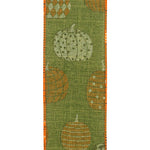 Load image into Gallery viewer, 10 yards --- 2 ½ inch --  Pumpkin Fun--- Moss Colored Linen Background Wired Edge Ribbon
