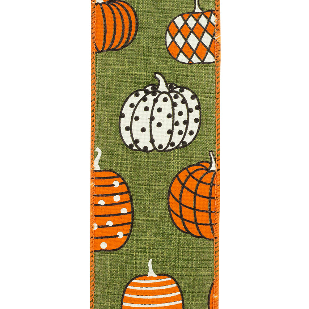 10 yards --- 2 ½ inch --  Pumpkin Fun--- Moss Colored Linen Background Wired Edge Ribbon