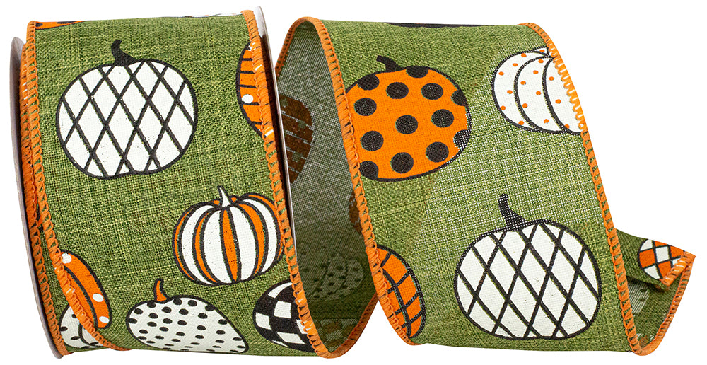 10 yards --- 2 ½ inch --  Pumpkin Fun--- Moss Colored Linen Background Wired Edge Ribbon