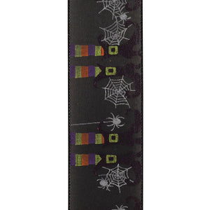 10 yards --- 2 ½ inch -- Witches Legs  & Spider Webs Glitter Wired Edge Ribbon, Black