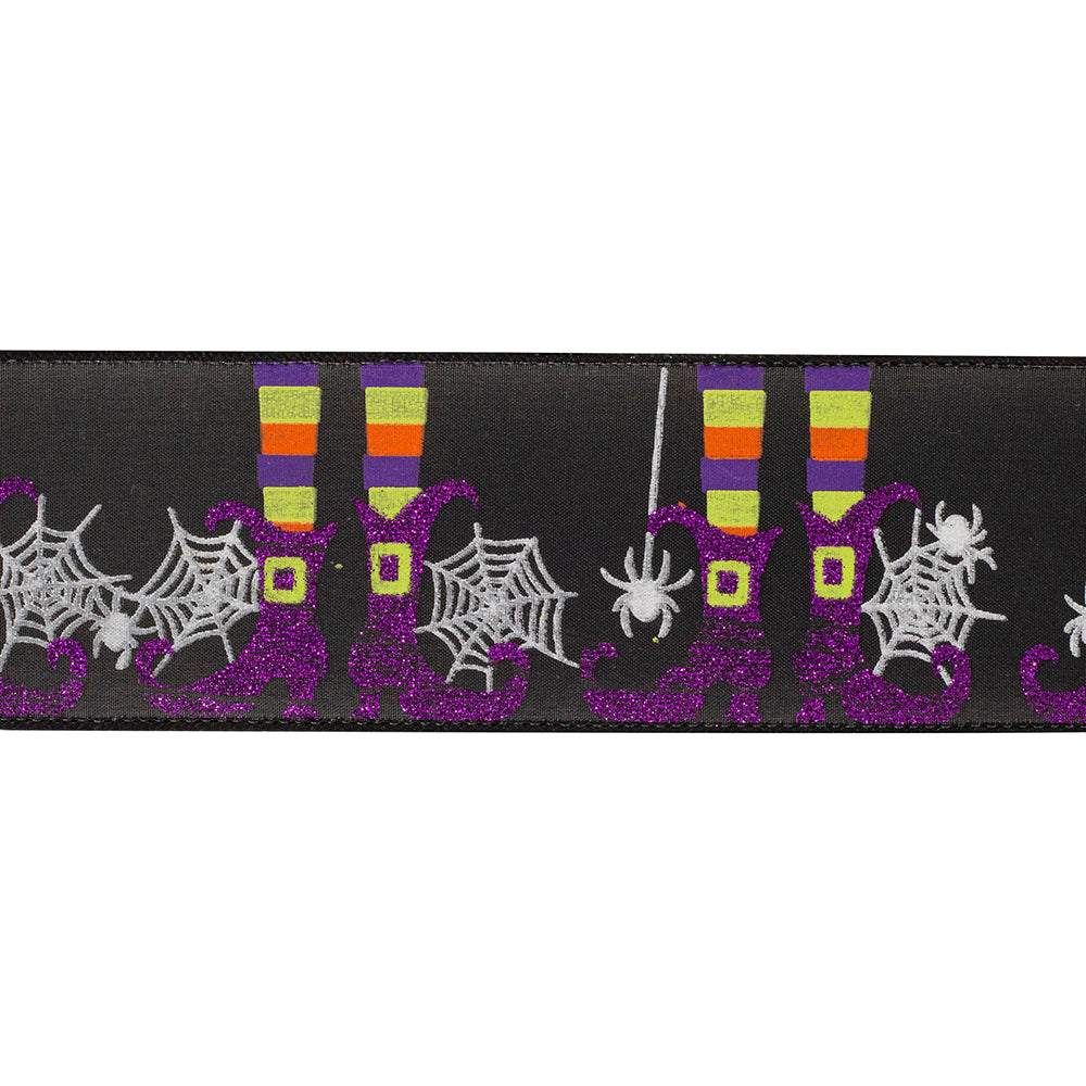 10 yards --- 2 ½ inch -- Witches Legs  & Spider Webs Glitter Wired Edge Ribbon, Black