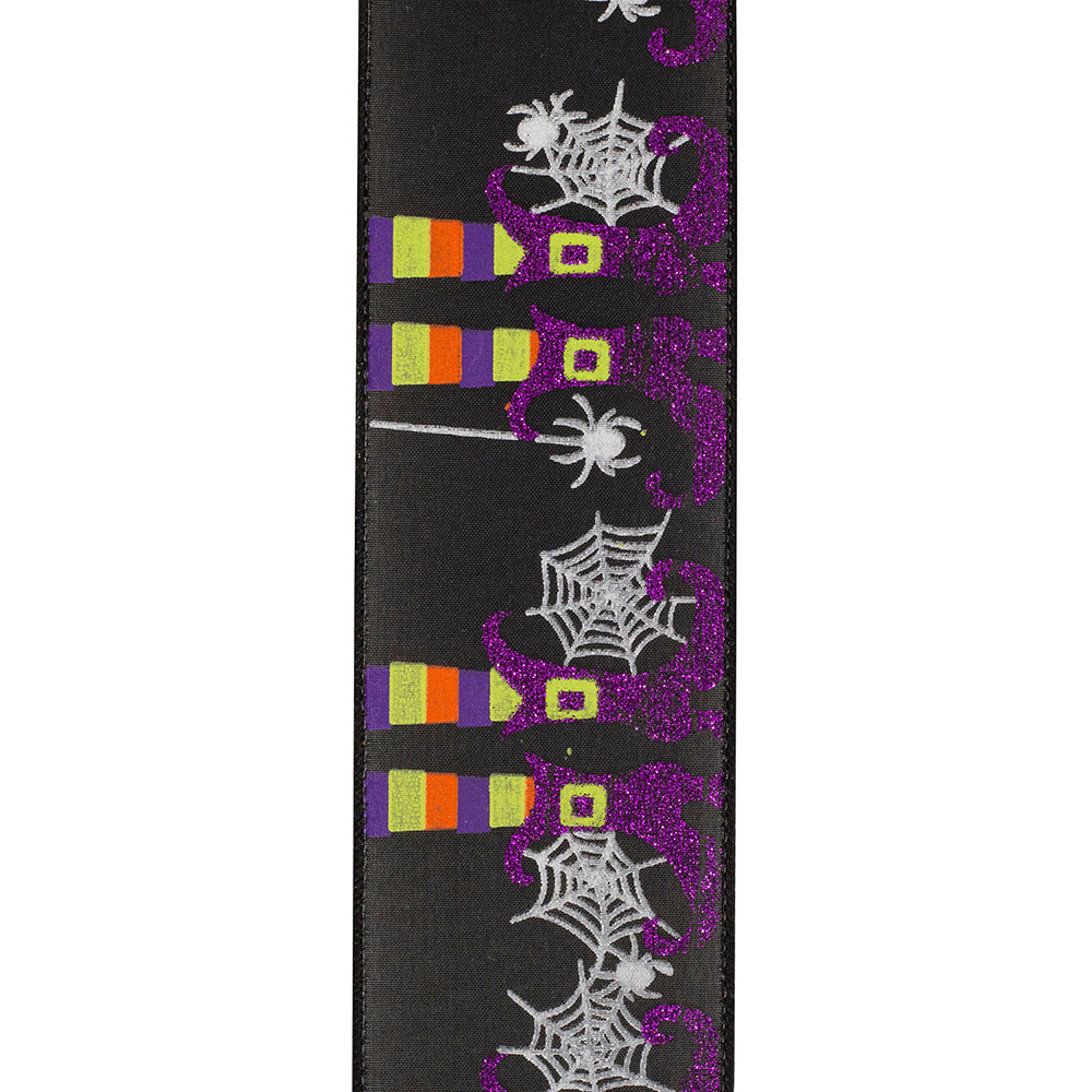 10 yards --- 2 ½ inch -- Witches Legs  & Spider Webs Glitter Wired Edge Ribbon, Black