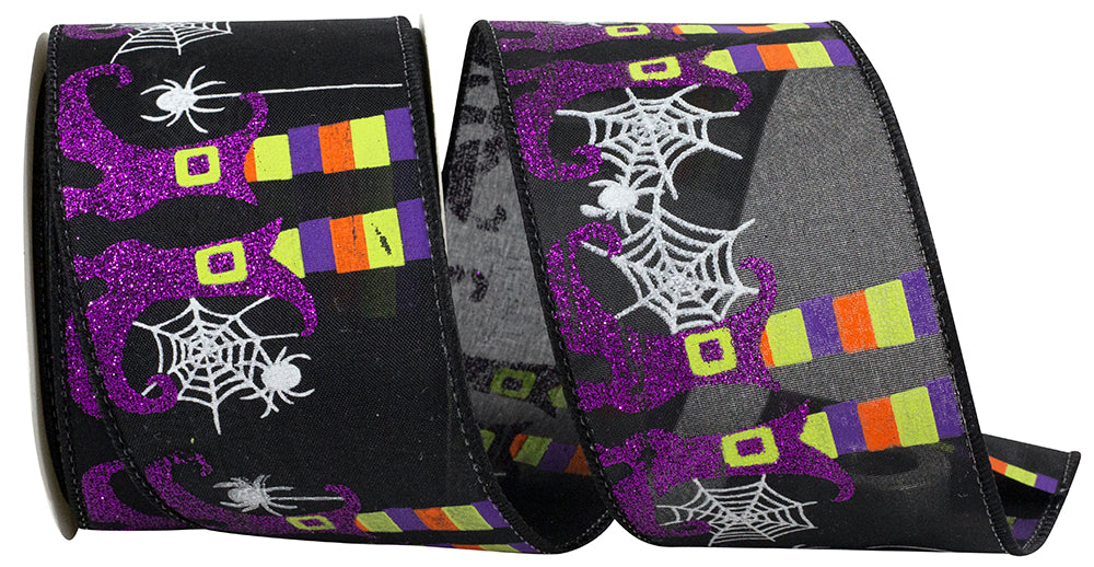 10 yards --- 2 ½ inch -- Witches Legs  & Spider Webs Glitter Wired Edge Ribbon, Black