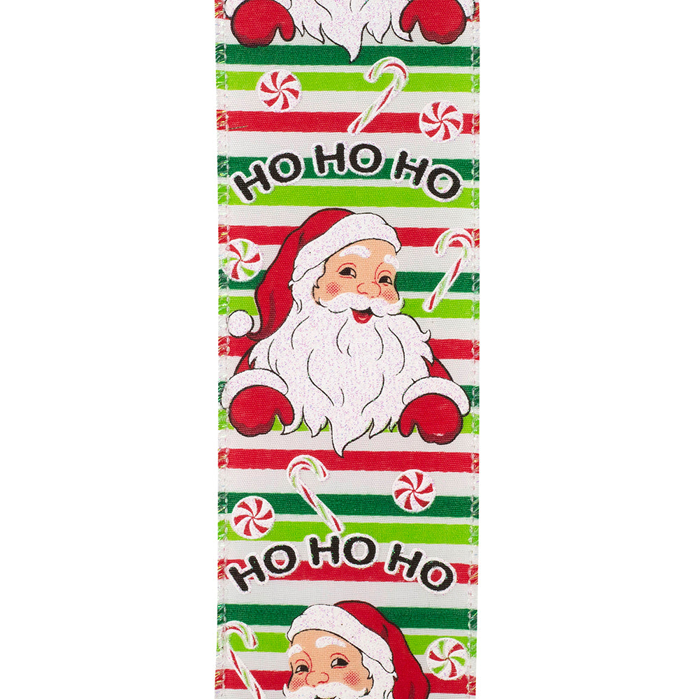 10 yards --- 2 ½ inch --  Santa Glitter Candy HO-HO-HO - Wired Edge Ribbon