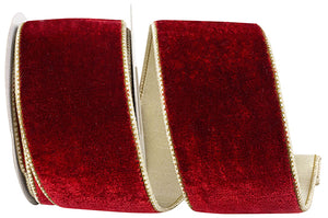 Velvet Plush Texture Deluxe Backed Wired Edge --- (Red / Gold Color) -- (Various Sizes) -- Christmas Ribbon