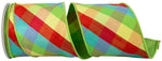 Load image into Gallery viewer, A partial loop of the Primary Plaid Diagonal Deluxe Dupioni Backed Wired Edge Ribbon, displaying its multi-color diamond grid front and rich lime-green backing fabric."
